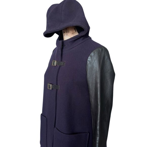 MAJE Wool & Leather Hooded Navy Blue Coat Size 36/S - Picture 3 of 7